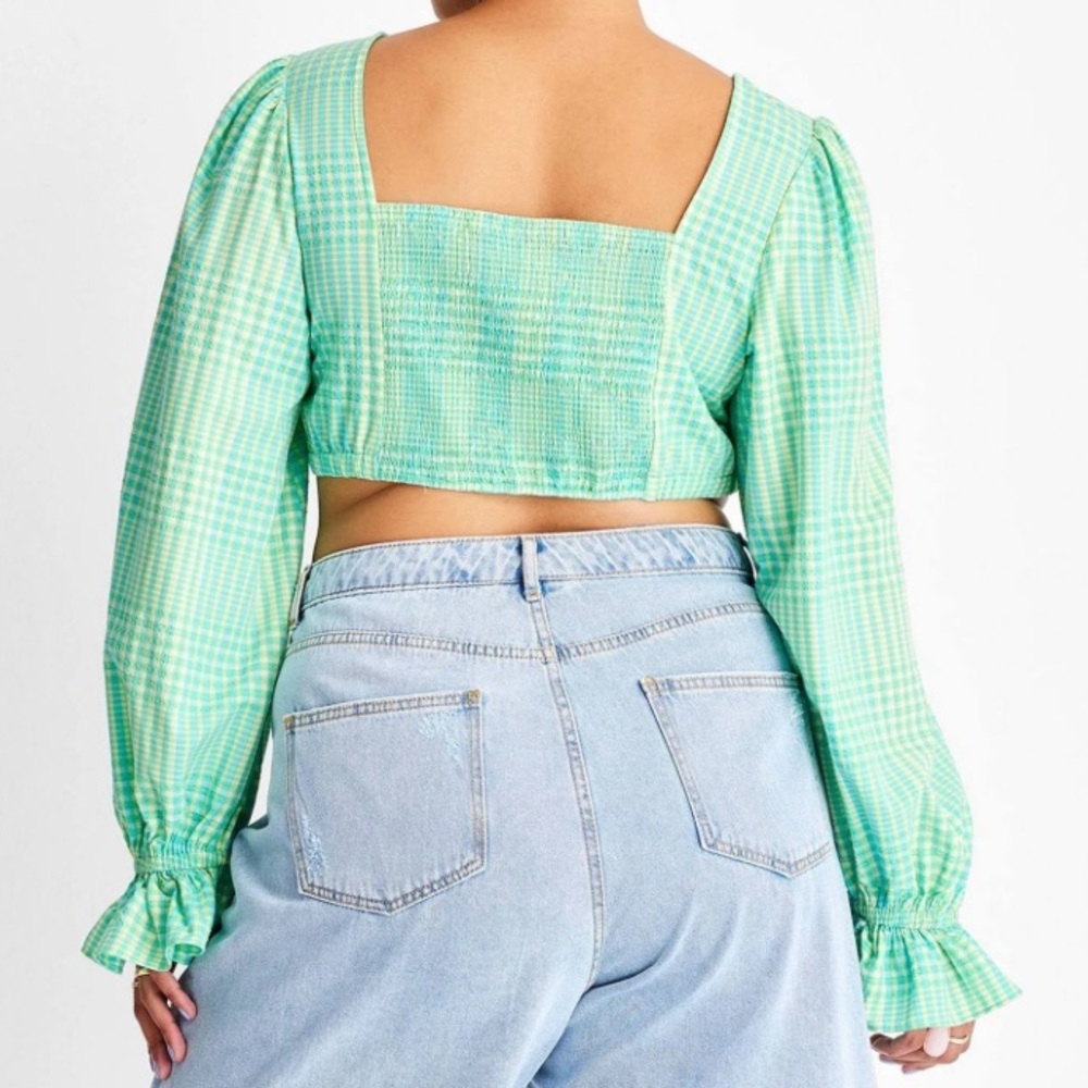 Future Collective Alani Noelle Green Gingham Long Puff Sleeve Crop Top - Picture 6 of 8